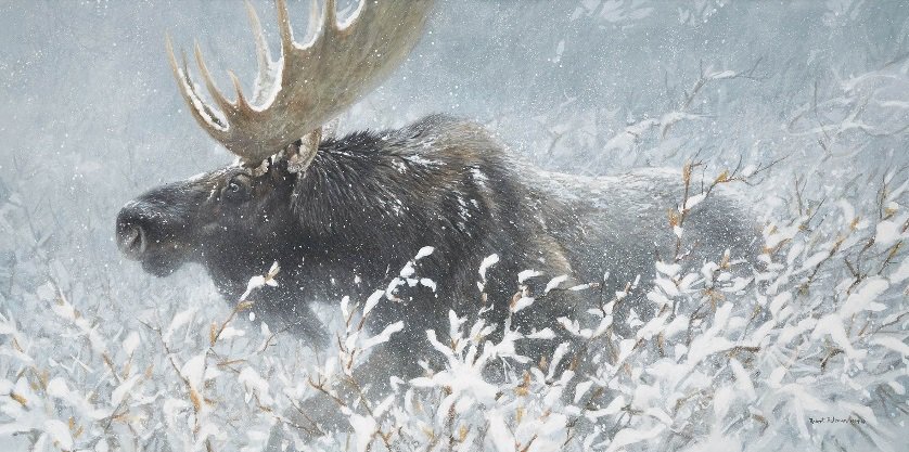 Robert McLellan Bateman, “Winter Run - Bull Moose,” 1994, acrylic on canvas, 30" x 60" (sold by Waddington’s for $86,150)