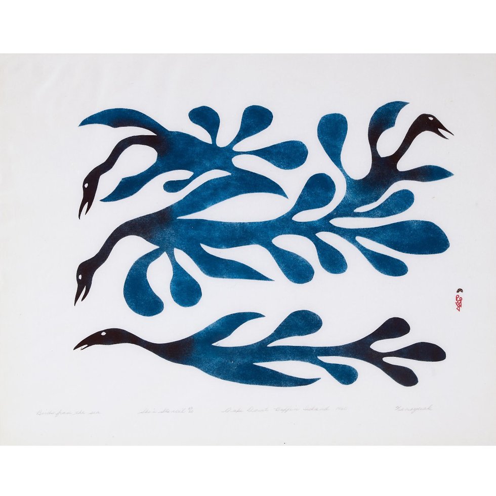 Kenojuak Ashevak, “Birds from the Sea,” 1960, sealskin stencil, 19" x 24" (sold by Waddington’s for $30,000)