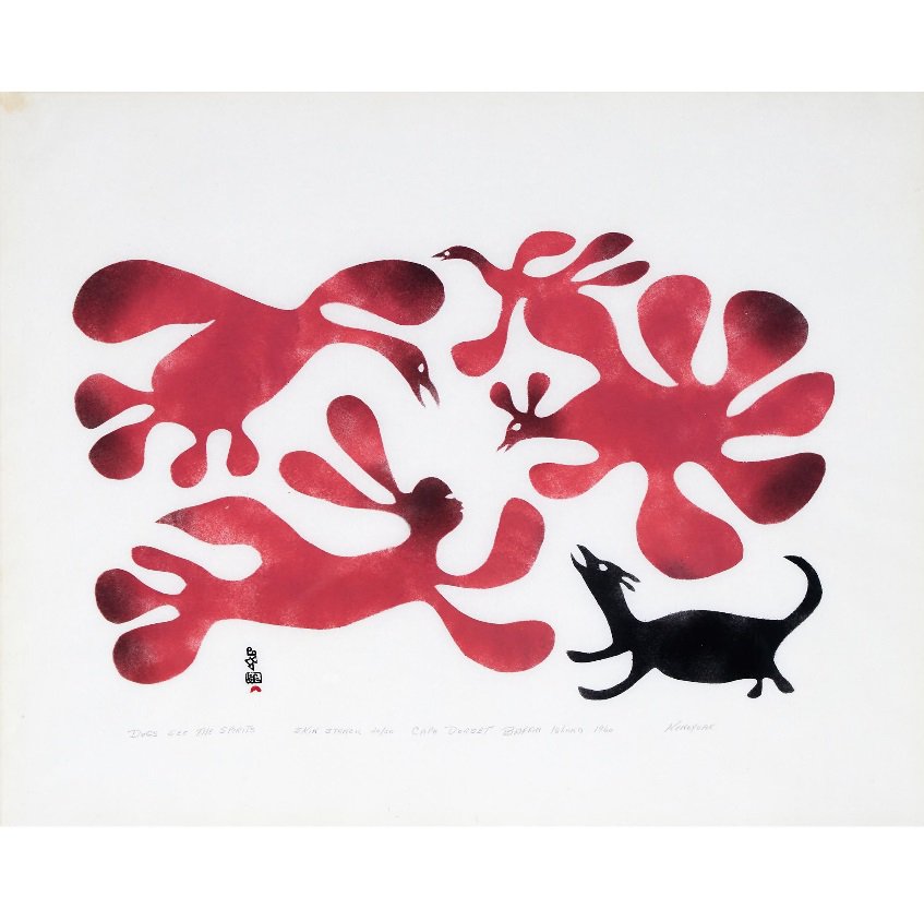 Kenojuak Ashevak, “Dogs See the Spirits,” 1960, sealskin stencil, 19" x 24" (sold by Waddington’s for $30,000)