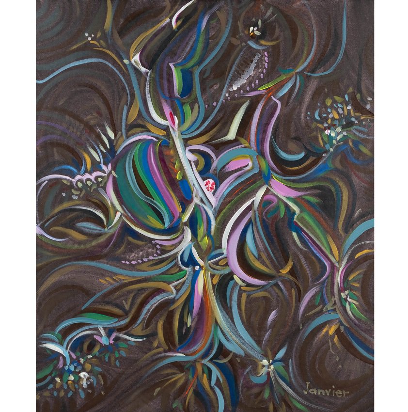 Alex Janvier, “Post Clear Cutting,” 2007, acrylic on canvas, 24" x 20" (sold by Waddington’s for $9,375)