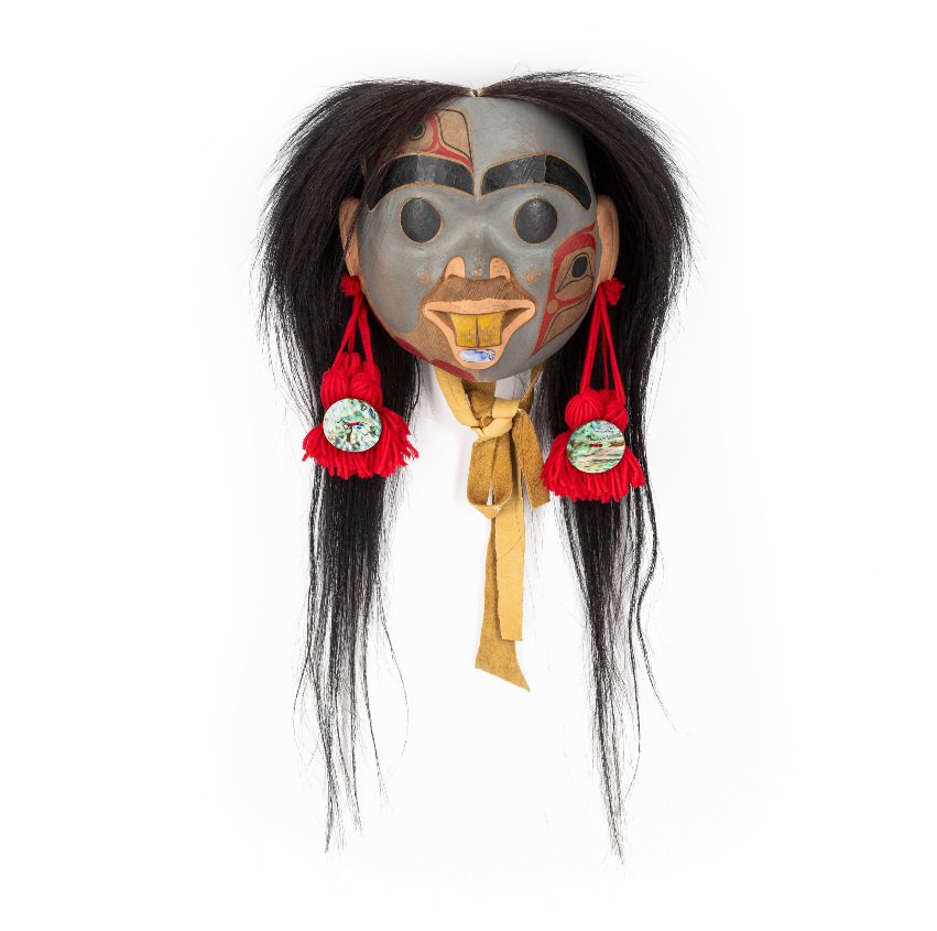 Corey Bulpitt (Taakeit Gaayaa) “Daughter of Mouse Woman,” 2019, wood, acrylic paint, horse hair, wool, abalone, leather, 24" x 11" x 6" (sold by Waddington’s for $4,750)