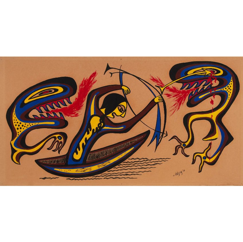 Daphne Odjig, “The Legend of Nanabush,” 1968, acrylic on kraft paper, 31.5" x 59.5" (sold by Waddington’s for $18,750)