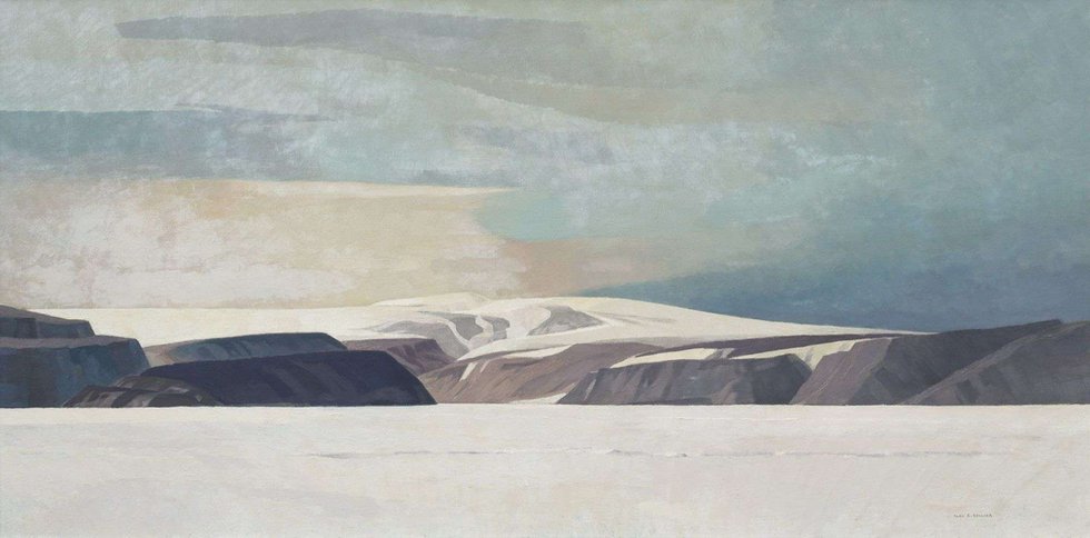 Caswell Collier, “Primordial Land (South Shore of Devon Island, NWT, Over Lancaster Sound)” no date, oil on canvas, 36" x 72" (sold by Hodgins for $35,000)