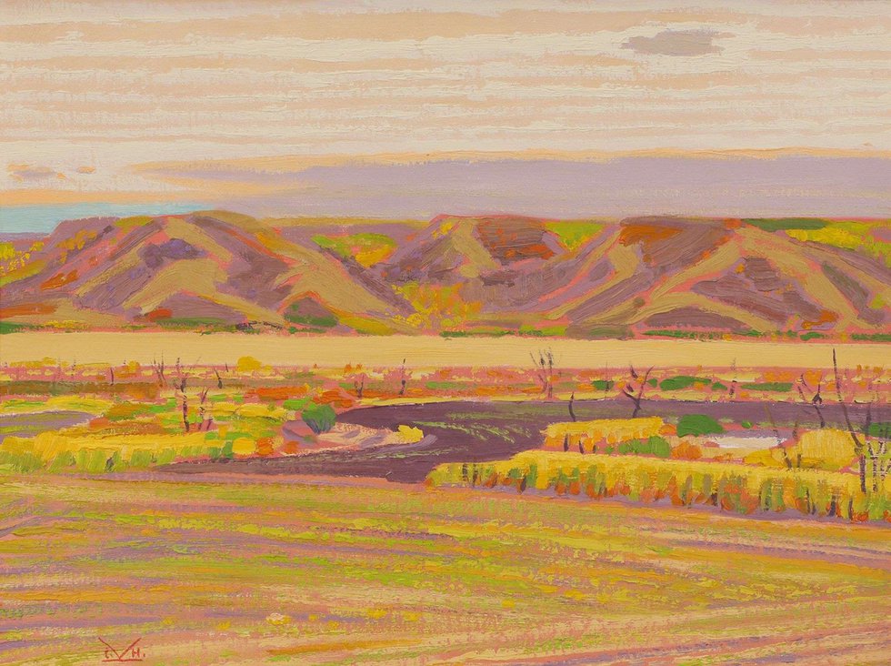 Illingworth Holey (Buck) Kerr, “Happy Morning, Qu'Appelle Valley,” 1972, oil on board, 18" x 24" (sold by Hodgins for $3,900)