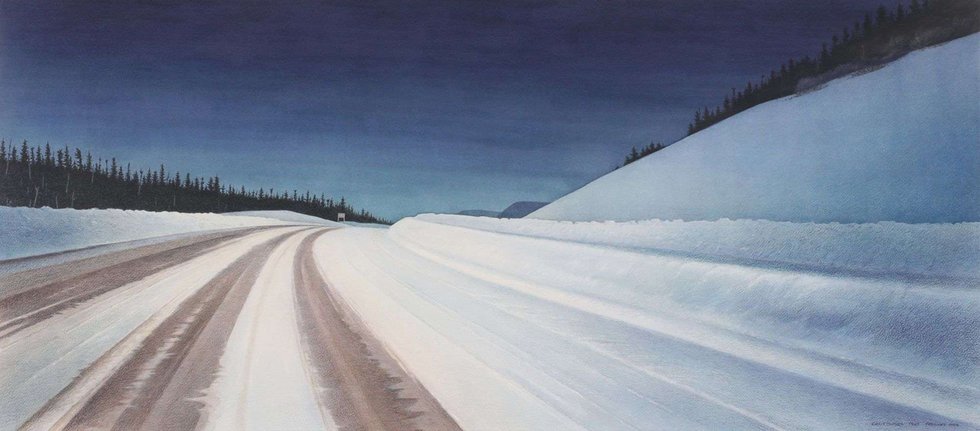 Christopher Pratt, “White Winter Road (West of Georges Lake),” 2004, watercolour and coloured pencil on paper, 19" x 43" (sold by Hodgins for $72,000)