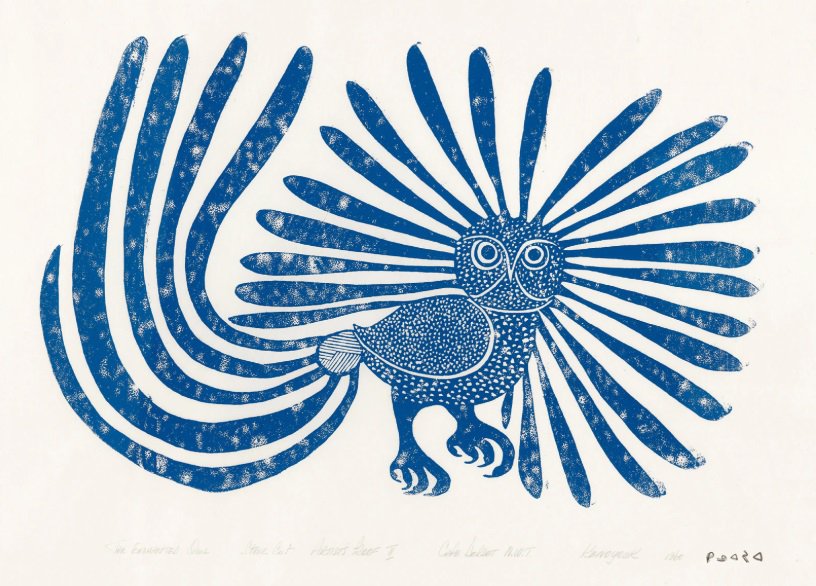 Kenojuak Ashevak, “The Enchanted Owl,” 1960, stone-cut print in blue ink, 24" x 31.25" (sold by First Arts for $366,000)